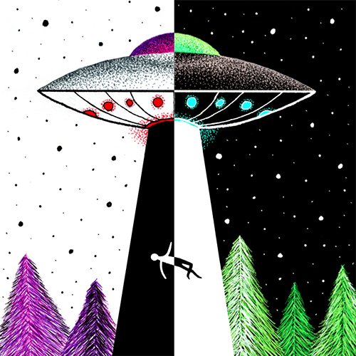A Pen Drawing of a UFO abducting a man.