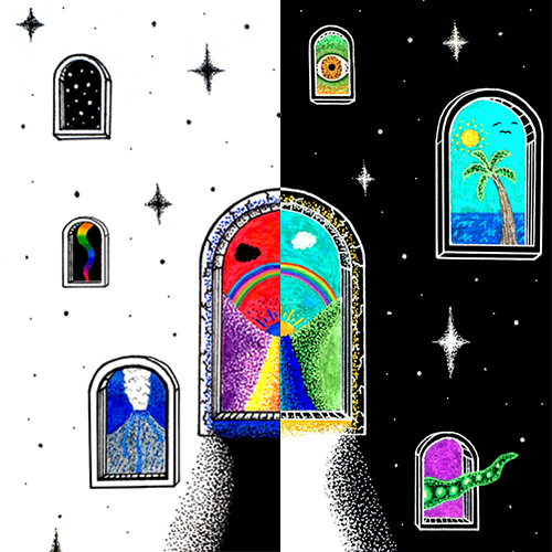 Surreal Pen Drawing of Floating Doorways in Space